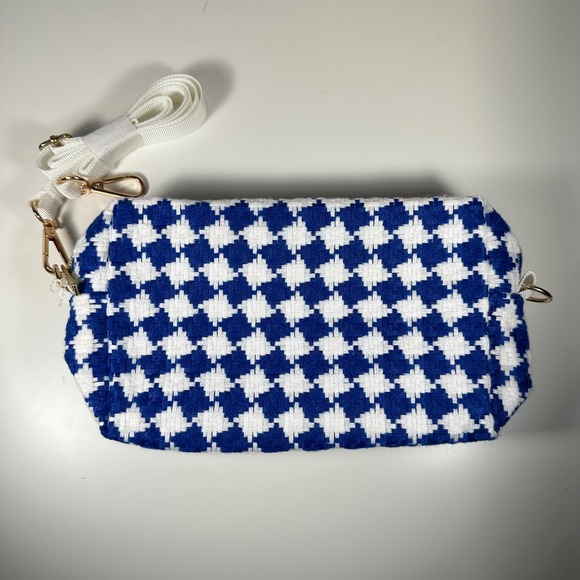 Blue Houndstooth Tweed Crossbody Bag Gold Hardware Clutch Purse - Picture 3 of 4